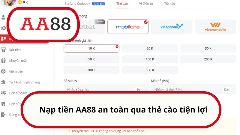 Nạp tiền AA88 an toàn qua thẻ cào tiện lợi