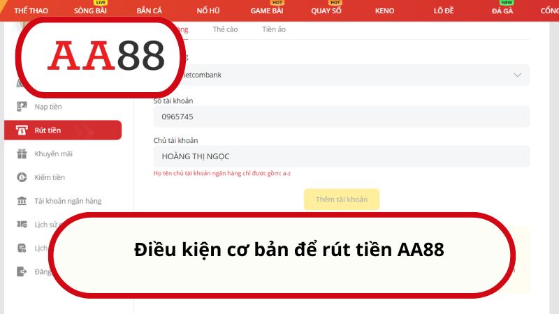 Điều kiện cơ bản để rút tiền AA88