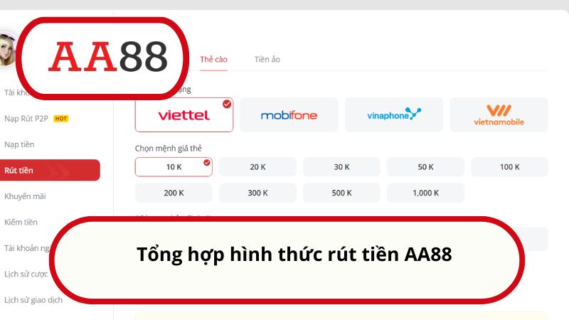 Tổng hợp hình thức rút tiền AA88