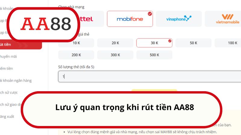 Lưu ý quan trọng khi rút tiền AA88